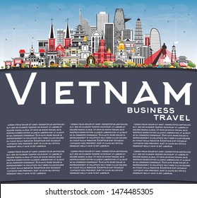 Vietnam City Skyline with Gray Buildings, Blue Sky and Copy Space. Vector Illustration. Concept with Historic Architecture. Vietnam Cityscape with Landmarks. Hanoi. Ho Chi Minh. Haiphong. Da Nang. 