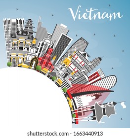 Vietnam City Skyline with Gray Buildings, Blue Sky and Copy Space. Vector Illustration. Concept with Historic Architecture. Vietnam Cityscape with Landmarks. Hanoi. Ho Chi Minh. Haiphong. Da Nang.