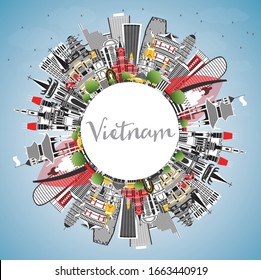 Vietnam City Skyline with Gray Buildings, Blue Sky and Copy Space. Vector Illustration. Concept with Historic Architecture. Vietnam Cityscape with Landmarks. Hanoi. Ho Chi Minh. Haiphong. Da Nang.