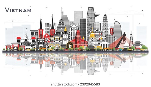 Vietnam city skyline with gray buildings and reflections isolated on white. Vector illustration. Tourism concept. Vietnam cityscape with landmarks. Hanoi. Ho Chi Minh. Haiphong. Da Nang. 