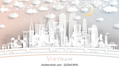 Vietnam City Skyline in Paper Cut Style with White Buildings, Moon and Neon Garland. Vector Illustration. Business Travel and Tourism Concept. Vietnam Cityscape with Landmarks.