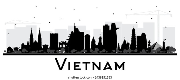 Vietnam City Skyline Silhouette with Black Buildings Isolated on White. Vector Illustration. Tourism Concept with Historic Architecture. Vietnam Cityscape with Landmarks. Hanoi. Ho Chi Minh. Haiphong.