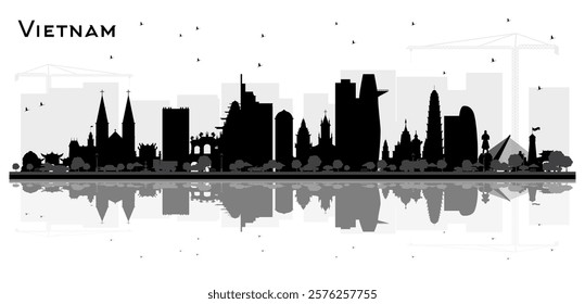 Vietnam City Skyline Silhouette with Black Buildings and reflections Isolated on White. Vector Illustration. Historic Architecture. Vietnam Cityscape with Landmarks. Hanoi. Ho Chi Minh. Haiphong.