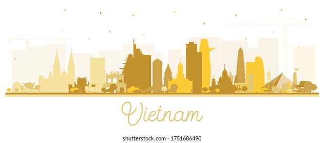 Vietnam City Skyline Silhouette mit Golden Buildings einzeln auf Weiß. Vektorgrafik. Tourismuskonzept mit historischer Architektur. Vietnam City mit Landmarks. Hanoi. Ho Chi Minh. Haiphong