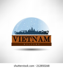 Vietnam city skyline silhouette in snow globe. Vector design.