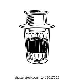 Vietnam coffee filter Traditional hot drink Cafe cup Hand drawn line art Illustration