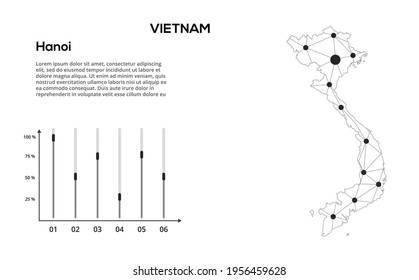 Vietnam communication network map. Vector image of a low poly global map with city lights. Map in the form of lines and dots