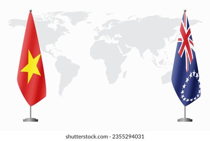 Vietnam and Cook Islands flags for official meeting against background of world map.