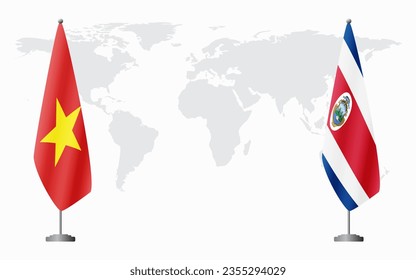 Vietnam and Costa Rica flags for official meeting against background of world map.