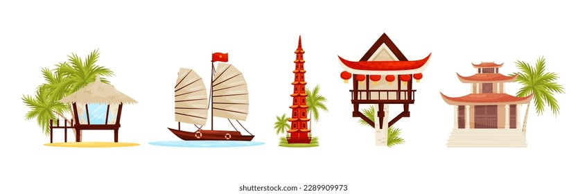 Vietnam Country Attribute with Hut, Boat, Pagoda and Temple Vector Set