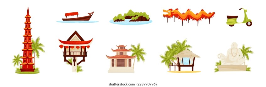 Vietnam Country Attribute with Pagoda, Dragon, Beach Hut and Buddha Statue Vector Set