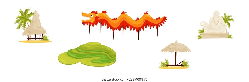 Vietnam Country Attribute with Rice Paddy, Dragon, Beach Hut and Buddha Statue Vector Set