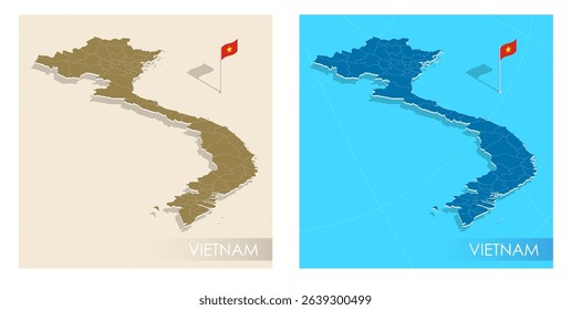 Vietnam country flag installed on geographic positioning map point of country territory. Vietnamese commonwealth banner on land and sea. Festive patriotic HD format template for independence day