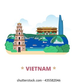 Vietnam country flat cartoon style historic place web vector illustration. World travel Asia collection. Bitexco Financial Tower City Imperial aka Complex Hue Monuments Ha Long Bay Thien Mu Pagoda.