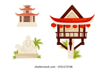 Vietnam Country Landmarks with Pagoda and Buddha Statue Vector Set