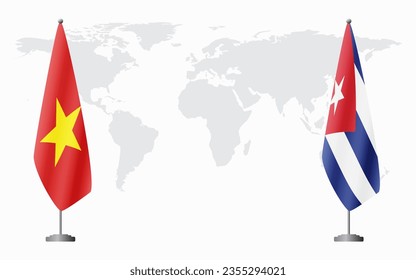 Vietnam and Cuba flags for official meeting against background of world map.