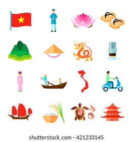 Vietnam Culture Symbols Flat Icons Set Isolated Vector Illustration