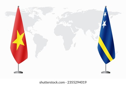 Vietnam and Curacao flags for official meeting against background of world map.