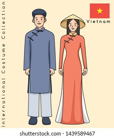 Vietnam : Cute Asian couple with traditional clothes : Vector Illustration