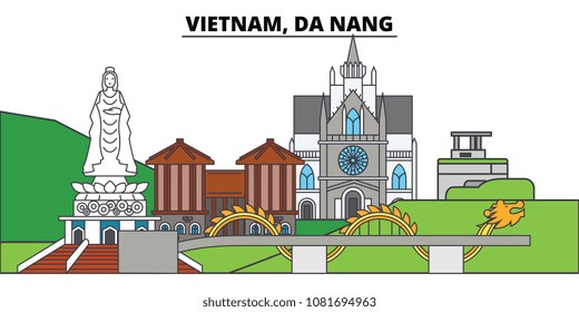 Vietnam, Da Nang. City skyline, architecture, buildings, streets, silhouette, landscape, panorama, landmarks. Editable strokes. Flat design line vector illustration concept. Isolated icons