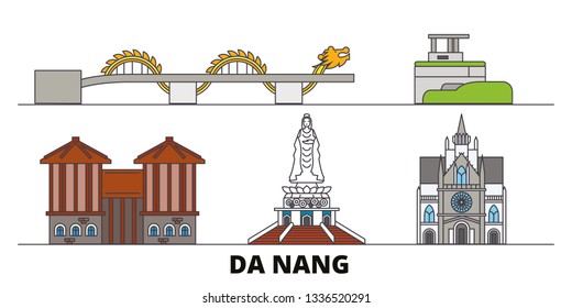 Vietnam, Da Nang flat landmarks vector illustration. Vietnam, Da Nang line city with famous travel sights, skyline, design. 