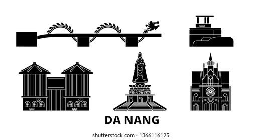 Vietnam, Da Nang flat travel skyline set. Vietnam, Da Nang black city vector illustration, symbol, travel sights, landmarks.