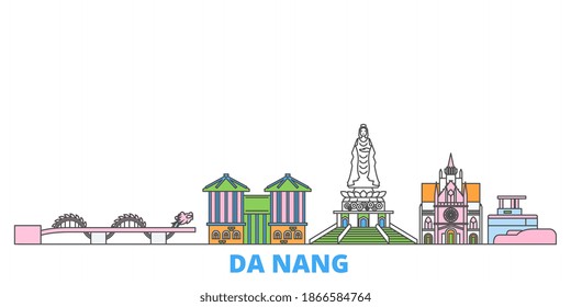 Vietnam, Paisaje urbano de la línea Da Nang, vector plano. Punto de referencia de la ciudad de viajes, ilustración de oultine, íconos del mundo de la línea