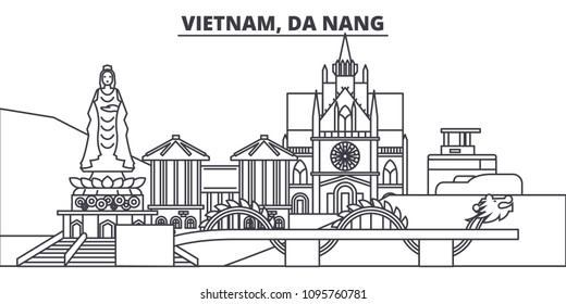 Vietnam, Da Nang line skyline vector illustration. Vietnam, Da Nang linear cityscape with famous landmarks, city sights, vector landscape. 