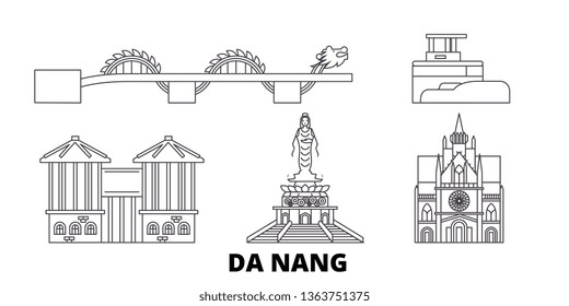 Viaje en línea de Vietnam, línea de viaje Da Nang. Vietnam, conglomerado de la ciudad de Da Nang ilustración, símbolo, monumentos de viaje, puntos de referencia.