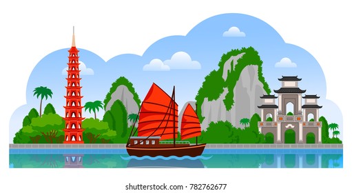 Vietnam. Day panoramic view. Tran Quoc Pagoda, junk boat, mountains, Halong Bay. Vector flat illustration with different attractions for flyer, magazines, posters, book cover, banners, guide book. 