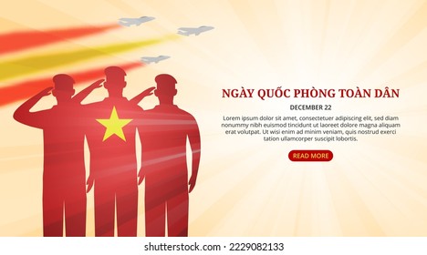 Ngày quốc phòng toàn dân or Vietnam defense day background with saluted soldiers and jetplanes