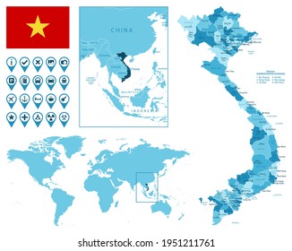 Vietnam detailed administrative blue map with country flag and location on the world map.