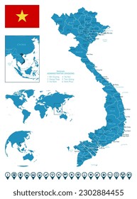 Vietnam - detailed blue country map with cities, regions, location on world map and globe. Infographic icons. Vector illustration