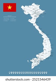 Vietnã - detalhado mapa azul do país com cidades e regiões. Ícones infográficos. Ilustração vetorial