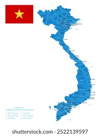 Vietnã - detalhado mapa azul do país com cidades e regiões. Ilustração vetorial.