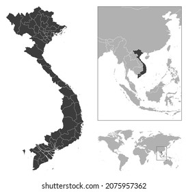 Vietnam - detailed country outline and location on world map. Vector illustration