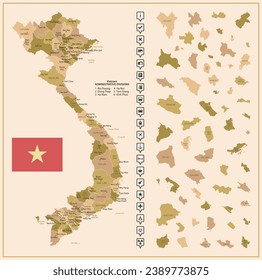 Vietnam - detailed map of the country in brown colors, divided into regions. Vector illustration