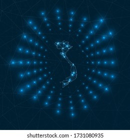 Vietnam digital map. Glowing rays radiating from the country. Network connections and telecommunication design. Vector illustration.