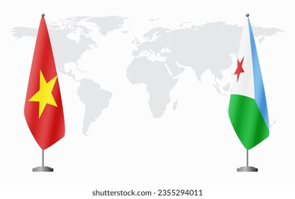 Vietnam and Djibouti flags for official meeting against background of world map.