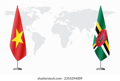 Vietnam and Dominica flags for official meeting against background of world map.