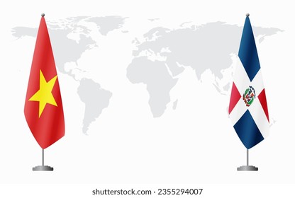 Vietnam and Dominican flags for official meeting against background of world map.