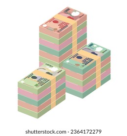Vietnam Dong Vector Illustration. Vietnamese money set bundle banknotes. Paper money 500000, 100000, 200000 VND. Flat style. Isolated on white background. Simple minimal design.
