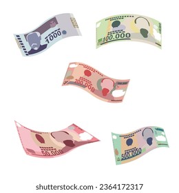 Vietnam Dong Vector Illustration. Vietnamese money set bundle banknotes. Falling, flying money 500000, 100000, 200000 VND. Flat style. Isolated on white background. Simple minimal design.