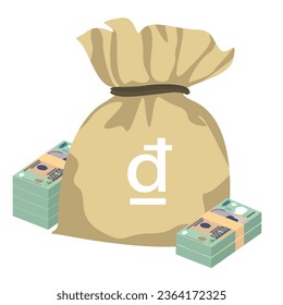 Vietnam Dong Vector Illustration. Vietnamese money set bundle banknotes. Money bag 500000 VND. Flat style. Isolated on white background. Simple minimal design.