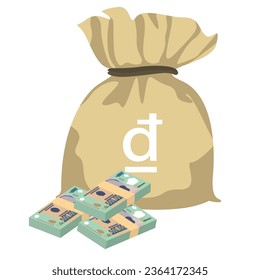 Vietnam Dong Vector Illustration. Vietnamese money set bundle banknotes. Money bag 500000 VND. Flat style. Isolated on white background. Simple minimal design.