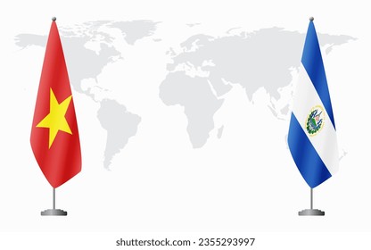 Vietnam and El Salvador flags for official meeting against background of world map.