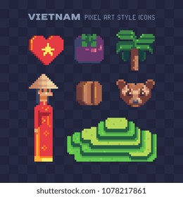 Vietnam elements icons set part3, Vietnamese woman in a national dress character, terraced rice fields, luwak coffee musang, isolated pixel art 80s style vector illustration. Design sticker and logo.