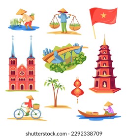 Vietnam elements set. Isolated on white background. Residents, architecture. Vector stock illustration.