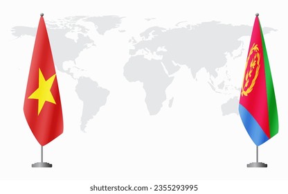 Vietnam and Eritrea flags for official meeting against background of world map.