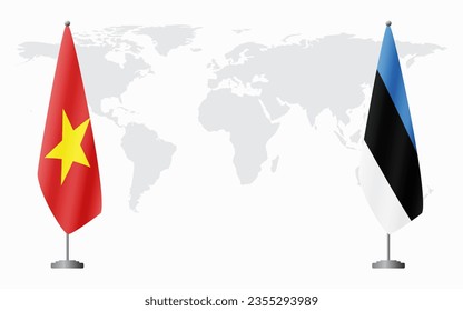 Vietnam and Estonia flags for official meeting against background of world map.